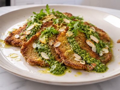 Fettine con pesto di rucola e mandorle tostate